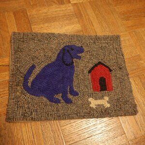 Vintage Hand Hooked Rug Dog Bone Doghouse 13x10 Primitive Folk Art Accent Mat